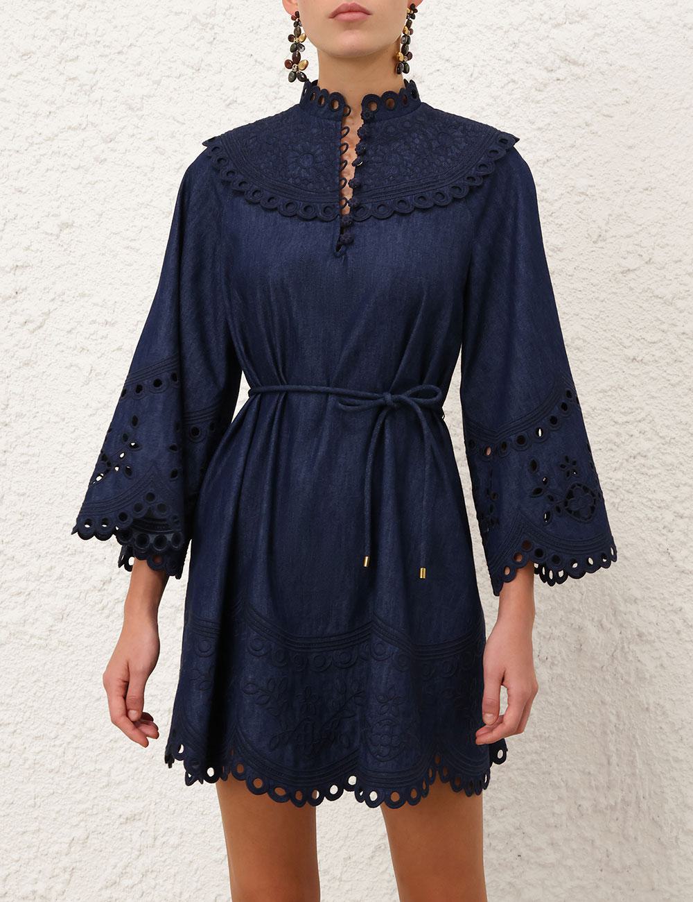 Mini Vestido de Denim Broderie Mahon